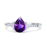Pear Teardrop Natural Amethyst Vintage Style Ring 925 Sterling Silver