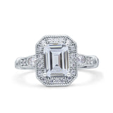 Art Deco Emerald Cut Moissanite Halo Beaded Bridal Ring 925 Sterling Silver