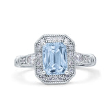 Art Deco Emerald Cut Natural Aquamarine Halo Beaded Bridal Ring 925 Sterling Silver