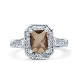 Art Deco Emerald Cut Natural Chocolate Smoky Quartz Halo Beaded Bridal Ring 925 Sterling Silver