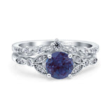 Vintage Style Round Natural Lab Alexandrite Two Piece Bridal Ring 925 Sterling Silver