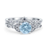 Vintage Style Round Natural Aquamarine Two Piece Bridal Ring 925 Sterling Silver