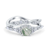 Two Piece Round Natural Green Moss Agate Marquise Style Bridal Ring 925 Sterling Silver