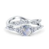 Two Piece Round Natural Moonstone Marquise Style Bridal Ring 925 Sterling Silver