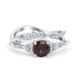 Two Piece Round Natural Chocolate Smoky Quartz Marquise Style Bridal Ring 925 Sterling Silver