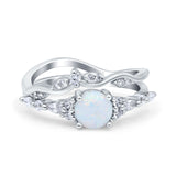 Two Piece Vintage Style Art Deco Engagement Bridal Set Ring Round Lab Created White Opal 925 Sterling Silver