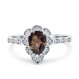 Art Deco Pear Teardrop Natural Chocolate Smoky Quartz Halo Ring 925 Sterling Silver