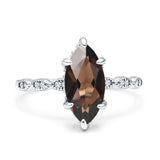 Art Deco Marquise Natural Chocolate Smoky Quartz Solitaire Hidden Halo Ring 925 Sterling Silver