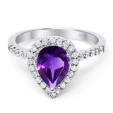 Art Deco Pear Teardrop Natural Amethyst Halo Wedding Ring 925 Sterling Silver