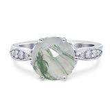Round Natural Green Moss Agate Beaded Promise Ring 925 Sterling Silver