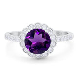 Art Deco Round Natural Amethyst Floral Ring 925 Sterling Silver