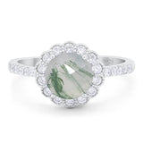 Art Deco Round Natural Green Moss Agate Floral Ring 925 Sterling Silver