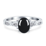 Oval Natural Black Onyx Leaf Filigree Ring 925 Sterling Silver