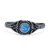 Minimalist 6mm Lab Created Blue Opal Twisted Rope & Leaf Oxidized Ring 925 Sterling Silver