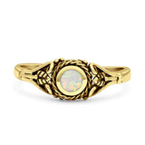 Minimalist 6mm Lab Created White Opal Twisted Rope & Leaf Oxidized Ring 925 Sterling Silver