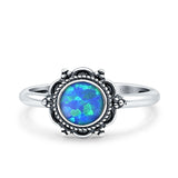 Minimalist 10mm Lab Created Blue Opal Beaded Flower Oxidized Ring 925 Sterling Silver