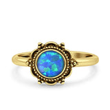 Minimalist 10mm Lab Created Blue Opal Beaded Flower Oxidized Ring 925 Sterling Silver