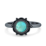 Minimalist 10mm Turquoise Beaded Flower Oxidized Ring 925 Sterling Silver