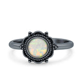 Minimalist 10mm Lab Created White Opal Beaded Flower Oxidized Ring 925 Sterling Silver
