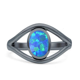 Minimalist 12mm Lab Created Blue Opal Split Shank Oxidized Ring 925 Sterling Silver