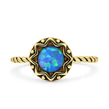 Minimalist 10mm Lab Created Blue Opal Floral Twisted Rope Oxidized Ring 925 Sterling Silver