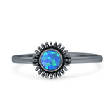 Minimalist 7mm Lab Created Blue Opal Sunflower Oxidized Ring 925 Sterling Silver