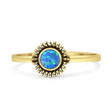 Minimalist 7mm Lab Created Blue Opal Sunflower Oxidized Ring 925 Sterling Silver