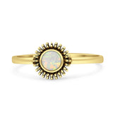 Minimalist 7mm Lab Created White Opal Sunflower Oxidized Ring 925 Sterling Silver