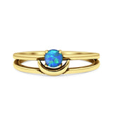 Minimalist 6mm Lab Created Blue Opal Moon Oxidized Ring 925 Sterling Silver