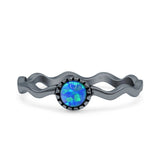 Minimalist 5mm Lab Created Blue Opal Solitaire Oxidized Ring 925 Sterling Silver
