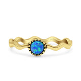 Minimalist 5mm Lab Created Blue Opal Solitaire Oxidized Ring 925 Sterling Silver