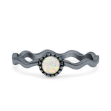 Minimalist 5mm Lab Created White Opal Solitaire Oxidized Ring 925 Sterling Silver