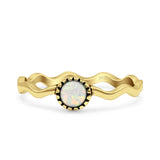 Minimalist 5mm Lab Created White Opal Solitaire Oxidized Ring 925 Sterling Silver