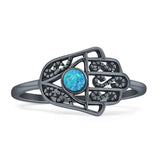 Round Lab Created Blue Opal Hamsa Hand Ring