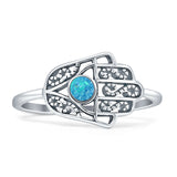 Round Lab Created Blue Opal Hamsa Hand Ring
