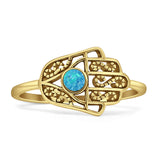 Minimalist 10mm Round Lab Created Blue Opal Hamsa Hand Ring Oxidized 925 Sterling Silver