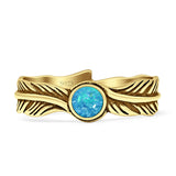 Vintage Style 5mm Round Lab Created Blue Opal Feather Ring Oxidized 925 Sterling Silver