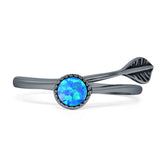 Round 10mm Lab Created Blue Opal Twisted Rope Feather Ring Oxidized 925 Sterling Silver