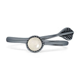 Round 10mm Moonstone Twisted Rope Feather Ring Oxidized 925 Sterling Silver