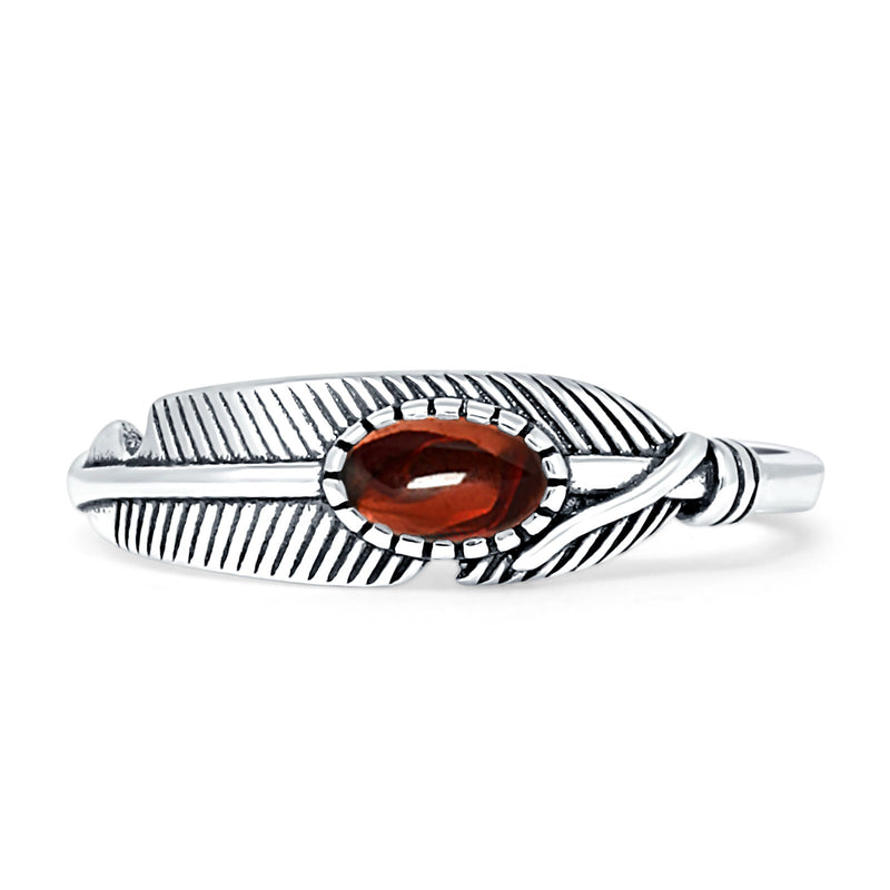 Oval Garnet CZ Feather Rings 5.4mm Oxidized Beaded 925 Sterling Silver