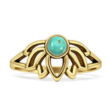 Vintage Style 9.7mm Round Turquoise Lotus Ring Oxidized 925 Sterling Silver