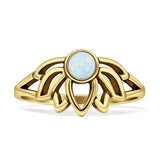 Vintage Style 9.7mm Round Lab Created White Opal Lotus Ring Oxidized 925 Sterling Silver