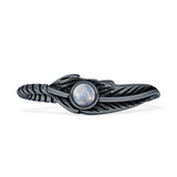 Minimalist 5.3mm Round Moonstone Feather Ring Oxidized 925 Sterling Silver