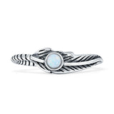 Minimalist 5.3mm Round Lab Created White Opal Feather Ring Oxidized 925 Sterling Silver