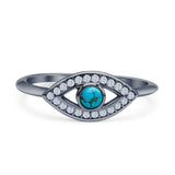 Minimalist 6.7mm Round Turquoise Evil Eye Ring Oxidized 925 Sterling Silver