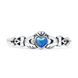 Minimalist 5mm Heart Lab Created Blue Opal Celtic Claddagh Ring Oxidized 925 Sterling Silver