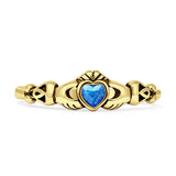 Minimalist 5mm Heart Lab Created Blue Opal Celtic Claddagh Ring Oxidized 925 Sterling Silver