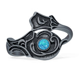 Art Deco Round Lab Created Blue Opal Spoon Oxidized Ring 925 Sterling Silver
