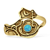 Art Deco Round Lab Created Blue Opal Spoon Oxidized Ring 925 Sterling Silver