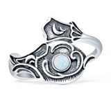 Art Deco Round Lab Created White Opal Spoon Oxidized Ring 925 Sterling Silver